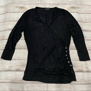 BCBGMaxazria Black Wrap Top with embellished buttons